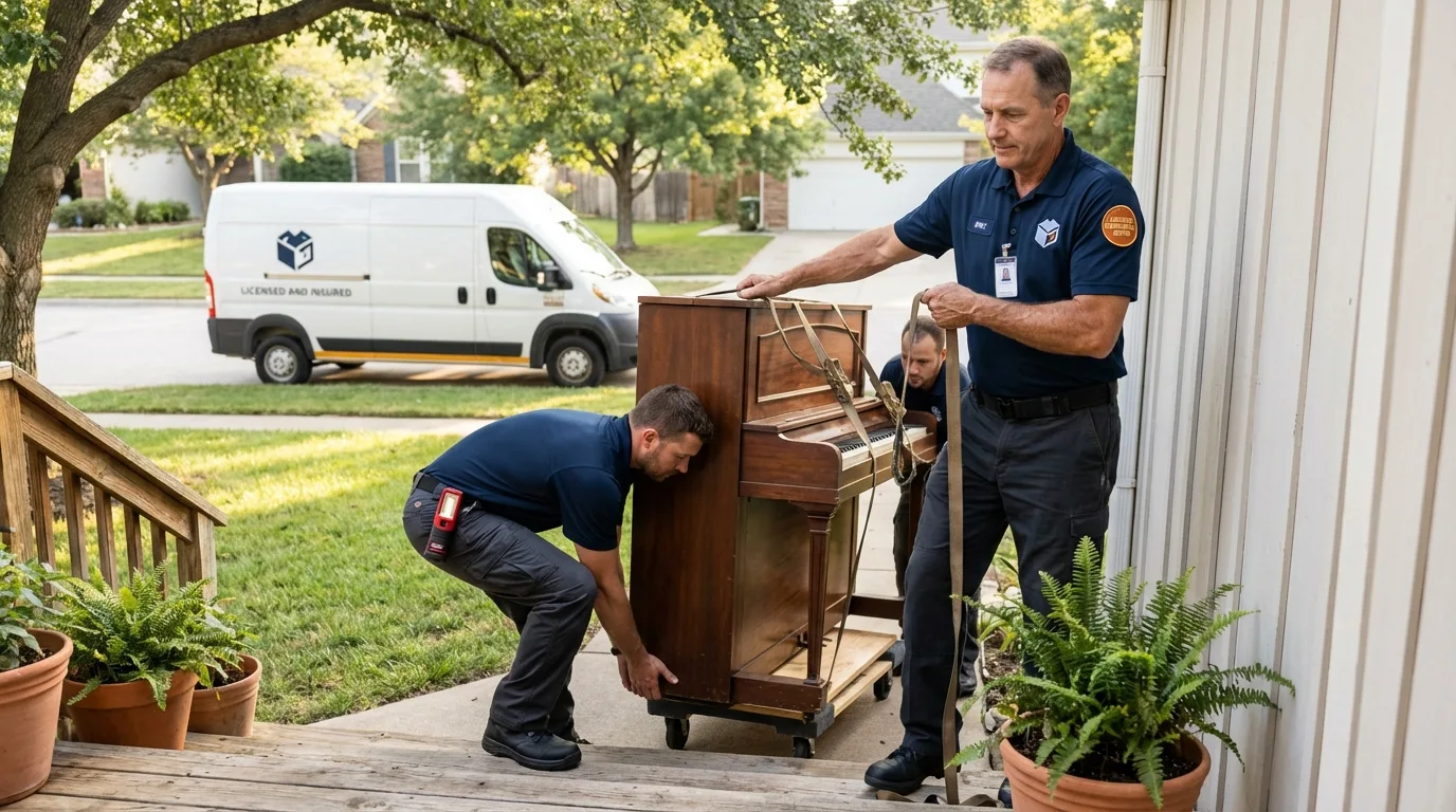 Licensed piano movers securing grand piano in Little Falls, NY