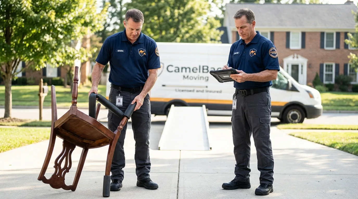 Movers inspecting furniture for damage prevention before loading in Little Falls, NY