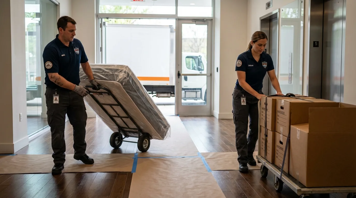 Professional apartment movers loading elevator in Little Falls, NY
