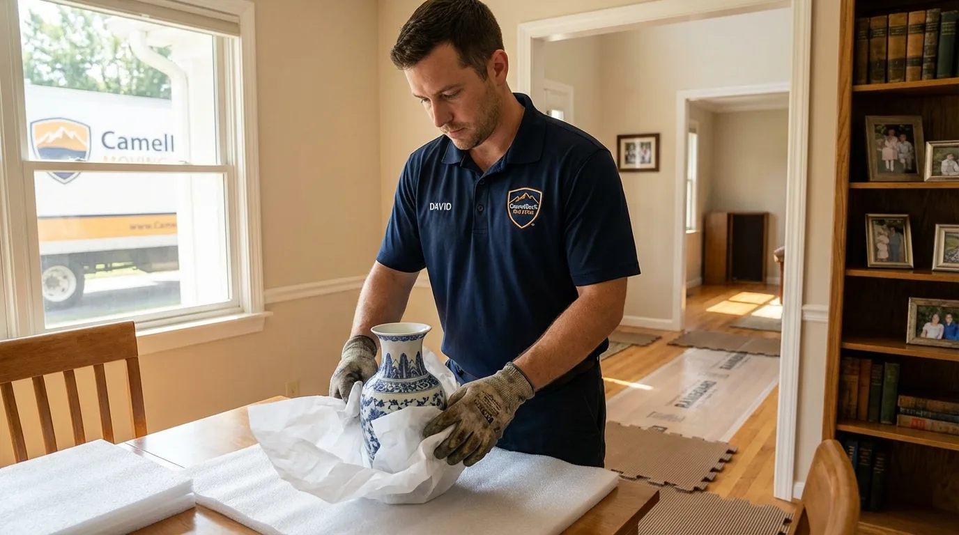 Professional crew carefully wrapping antique vase for senior downsizing move in Little Falls, NY
