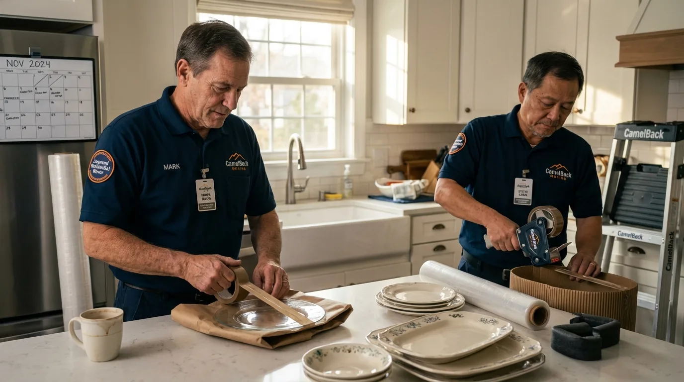 Professional crew packing kitchen dishware in Little Falls, NY